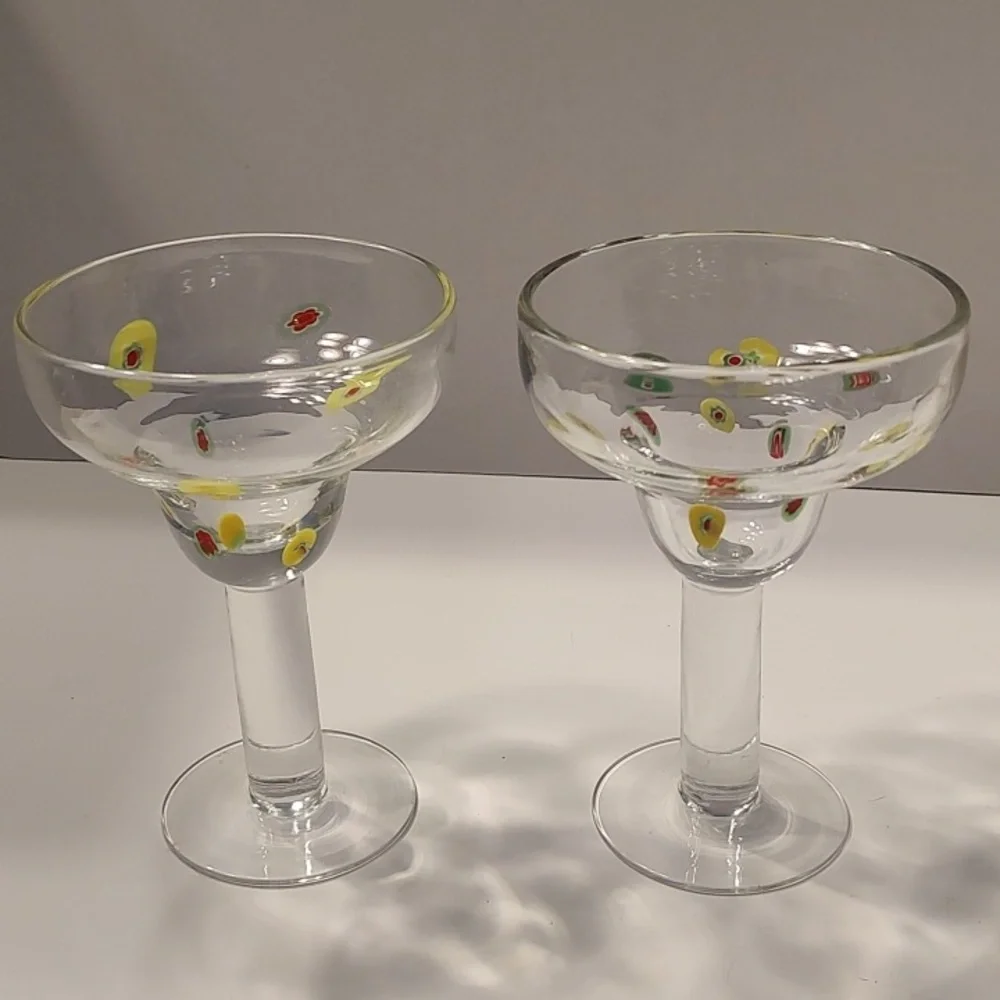 2 Crate & Barrel ZAZZ Millefiori Margarita Cocktail Hand Blown Clear Glass